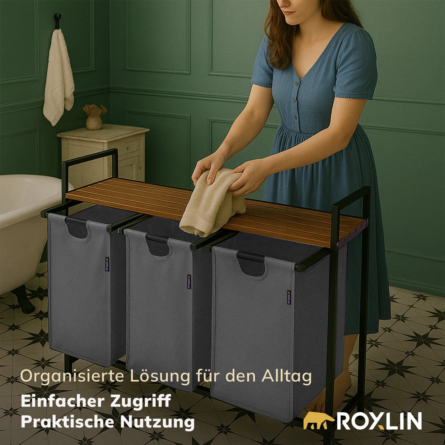 Roxlin 3-Fach Wäschekorb mit Deckel – Wäschesortierer mit Ablage & Taschen