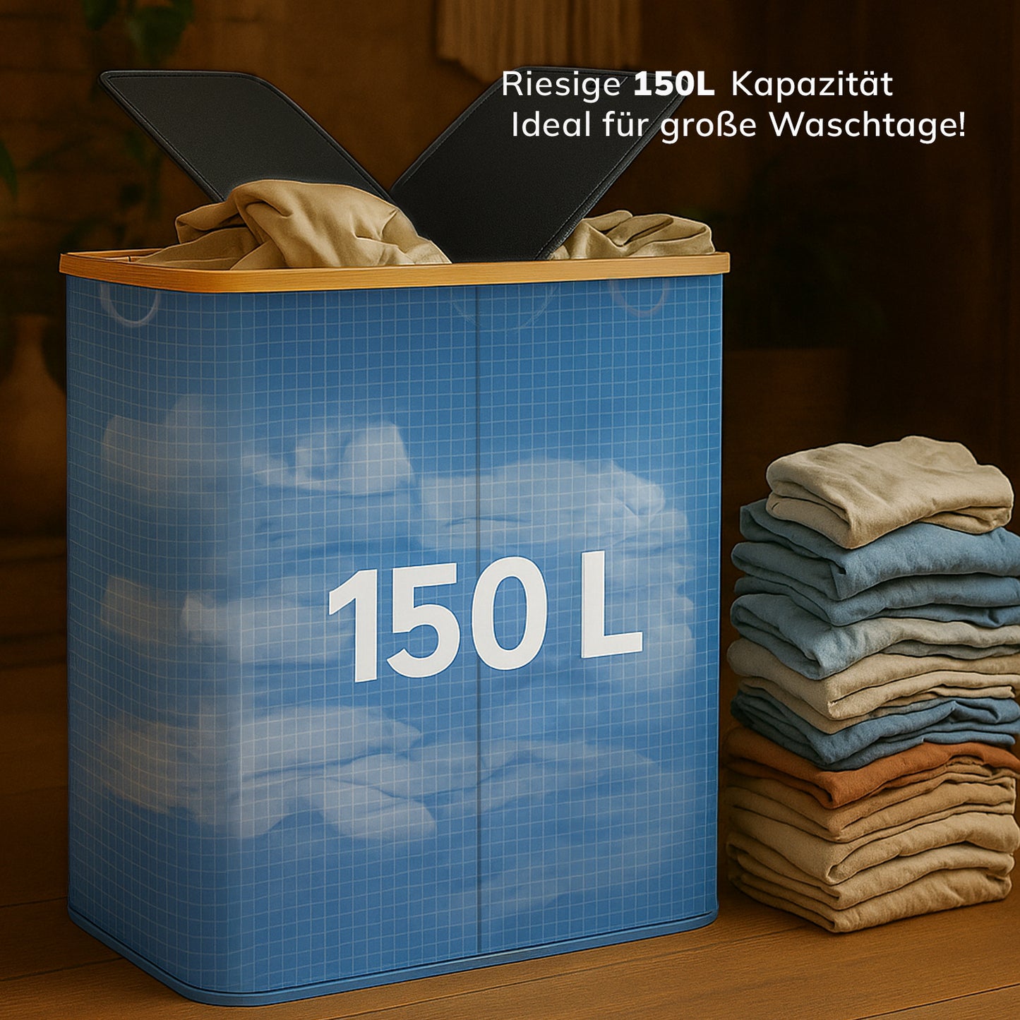 Roxlin Wäschekorb 150L mit Deckel & 2 Taschen – Faltbar & wasserdicht