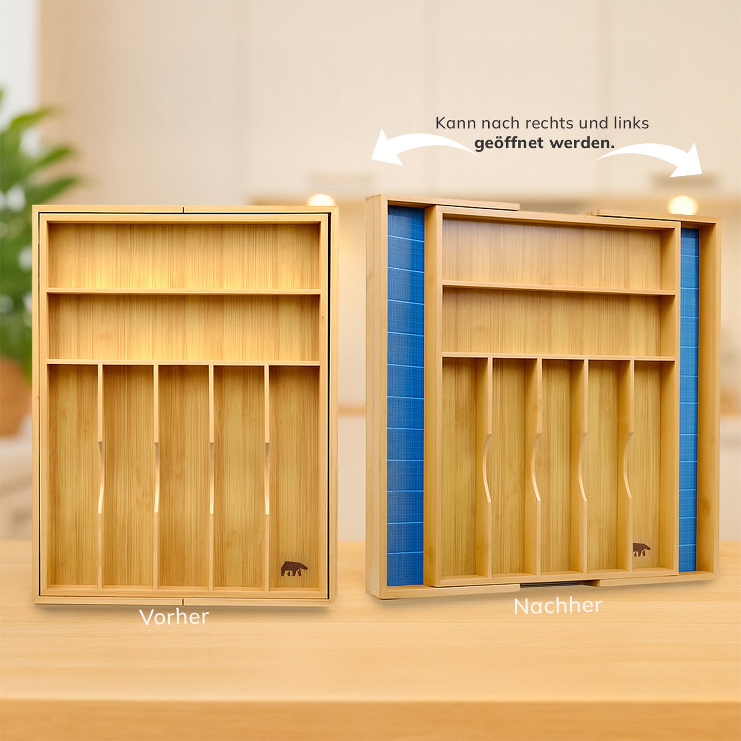 Größenverstellbarer Bambus Besteckkasten – Ausziehbarer Organizer 7–9 Fächer
