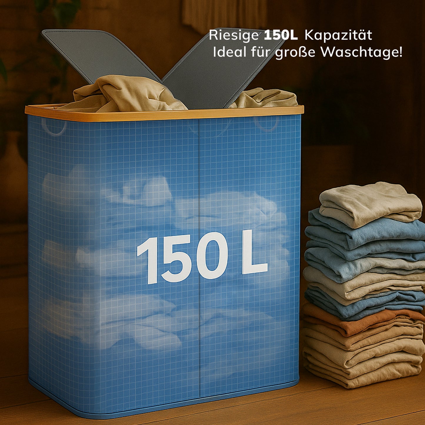 Roxlin Wäschekorb 150L mit Deckel & 2 Taschen – Faltbar & wasserdicht