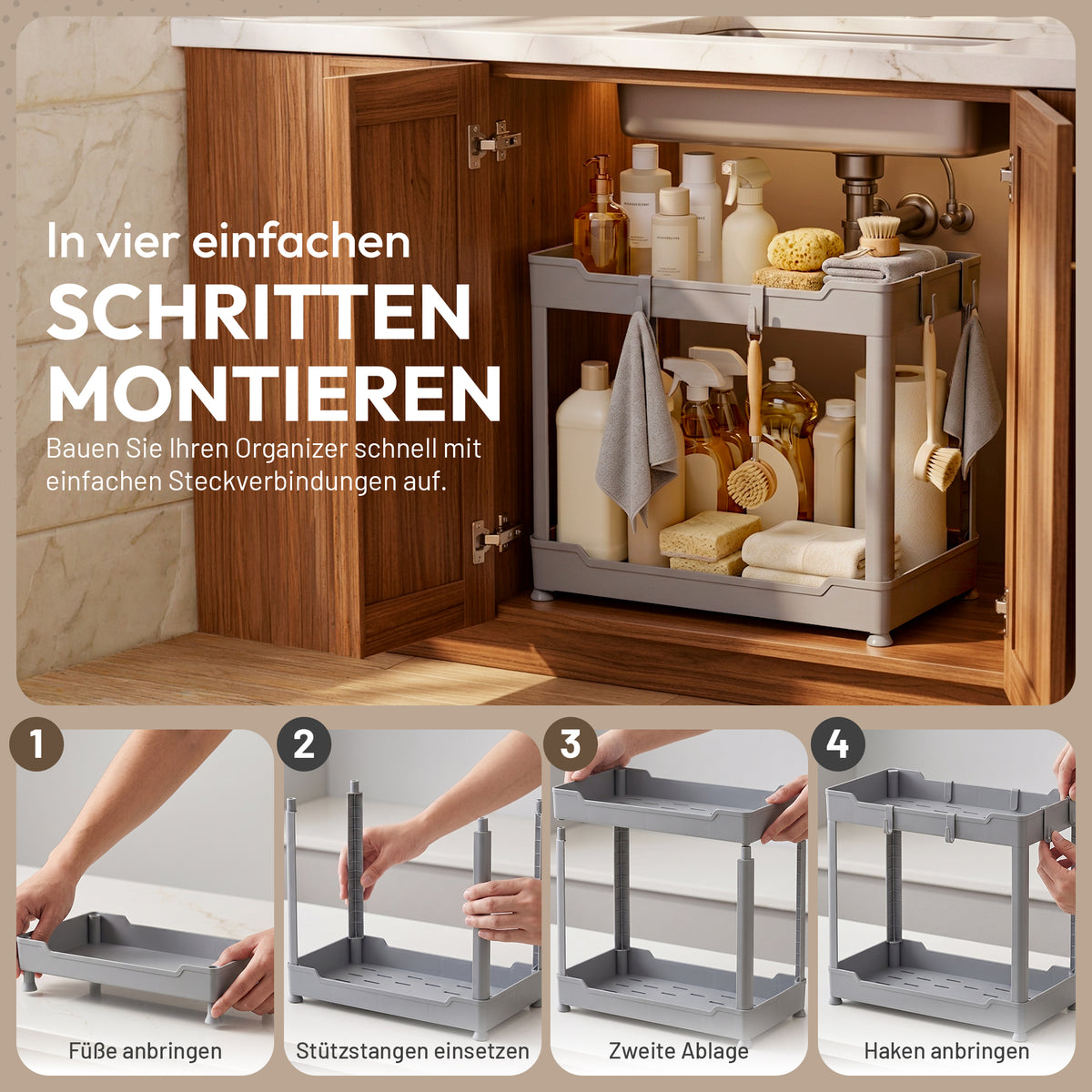 Roxlin 2-Etagen Aufbewahrungsregal mit 4 Haken – Küche & Bad Organizer
