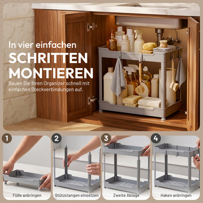Roxlin 2-Etagen Aufbewahrungsregal mit 4 Haken – Küche & Bad Organizer