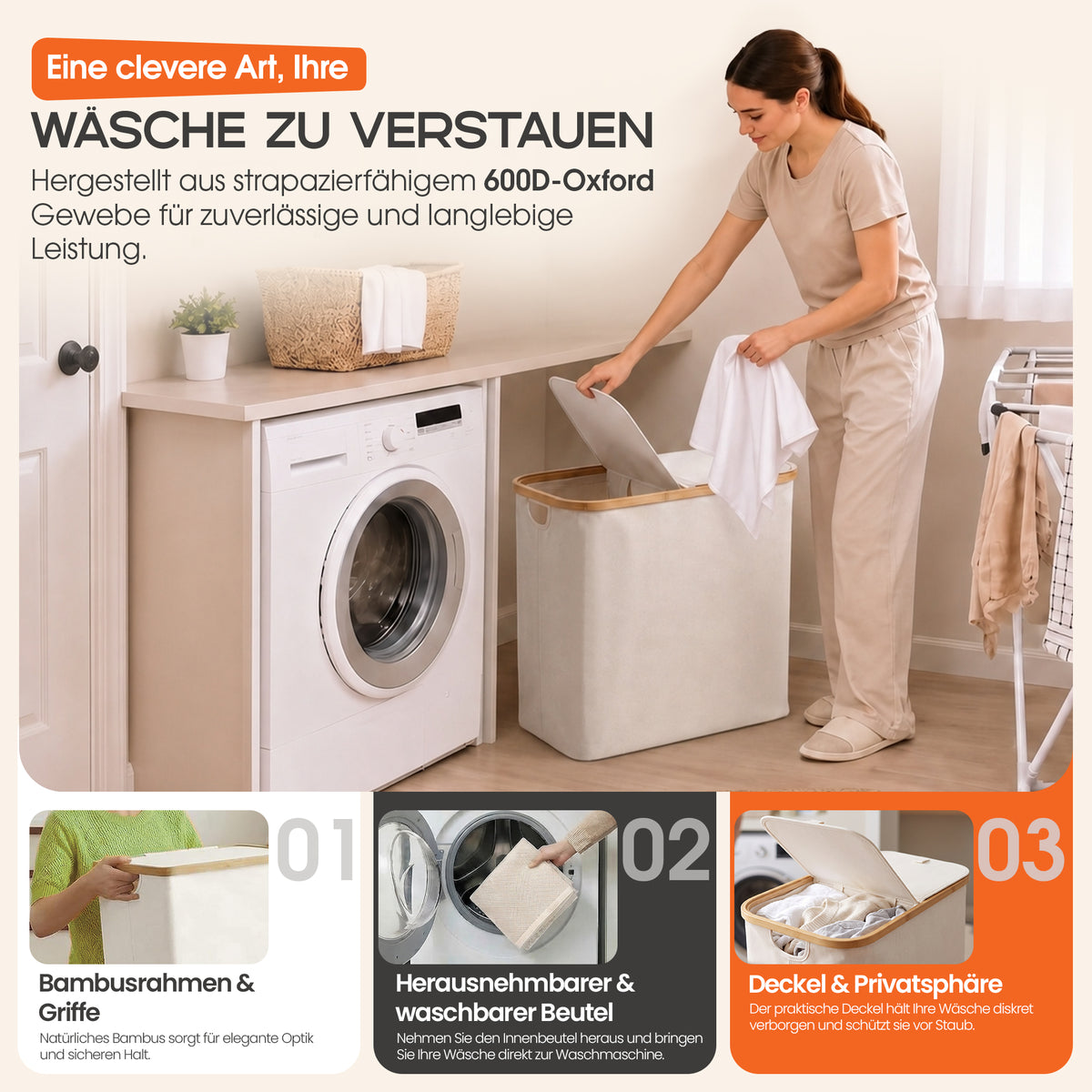 Roxlin Wäschekorb 150L mit Deckel & 2 Taschen – Faltbar & wasserdicht