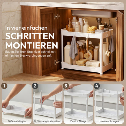 Roxlin 2-Etagen Aufbewahrungsregal mit 4 Haken – Küche & Bad Organizer