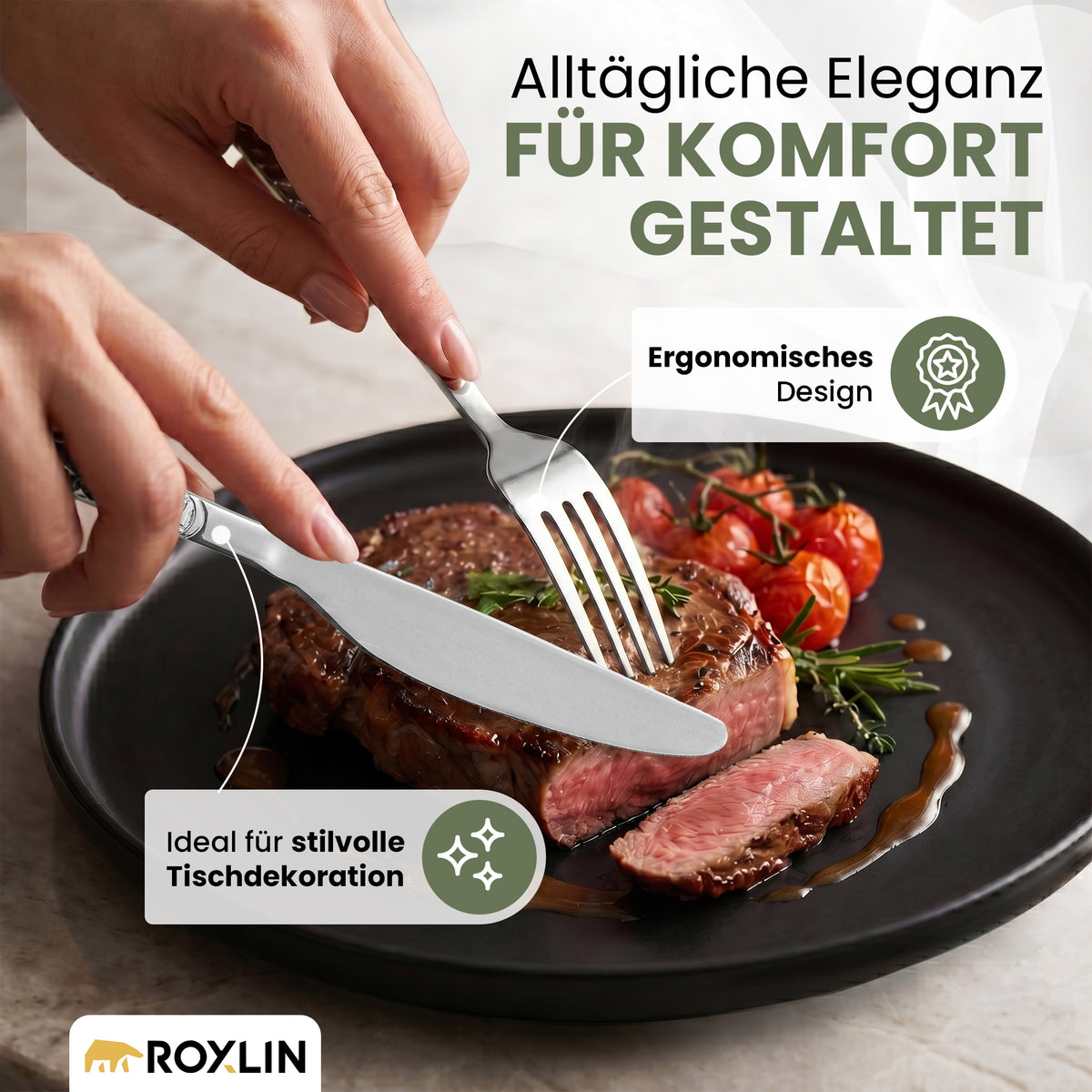 Roxlin Besteckset 30-tlg. Stein Design – Gold, Schwarz, Silber