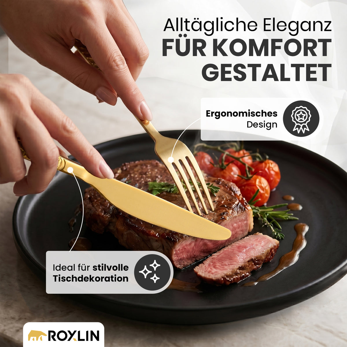 Roxlin Besteckset 30-tlg. Stein Design – Gold, Schwarz, Silber