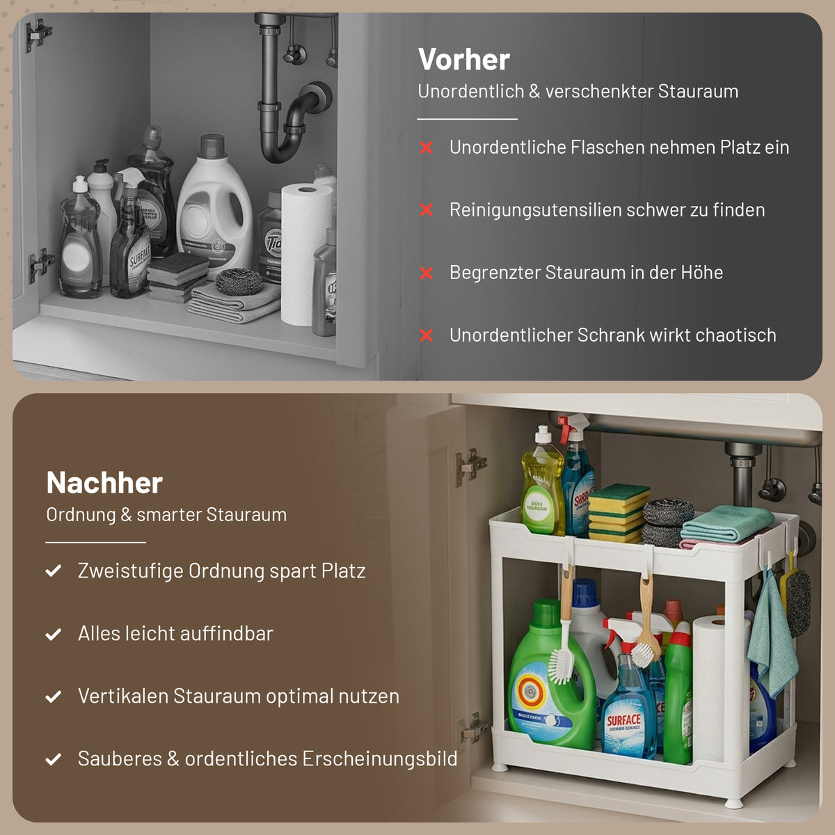 Roxlin 2-Etagen Aufbewahrungsregal mit 4 Haken – Küche & Bad Organizer