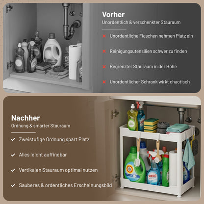 Roxlin 2-Etagen Aufbewahrungsregal mit 4 Haken – Küche & Bad Organizer