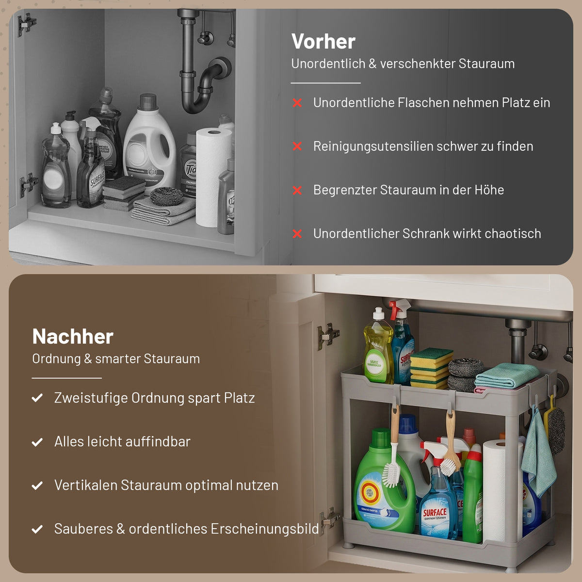 Roxlin 2-Etagen Aufbewahrungsregal mit 4 Haken – Küche & Bad Organizer