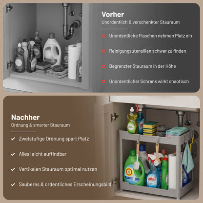 Roxlin 2-Etagen Aufbewahrungsregal mit 4 Haken – Küche & Bad Organizer