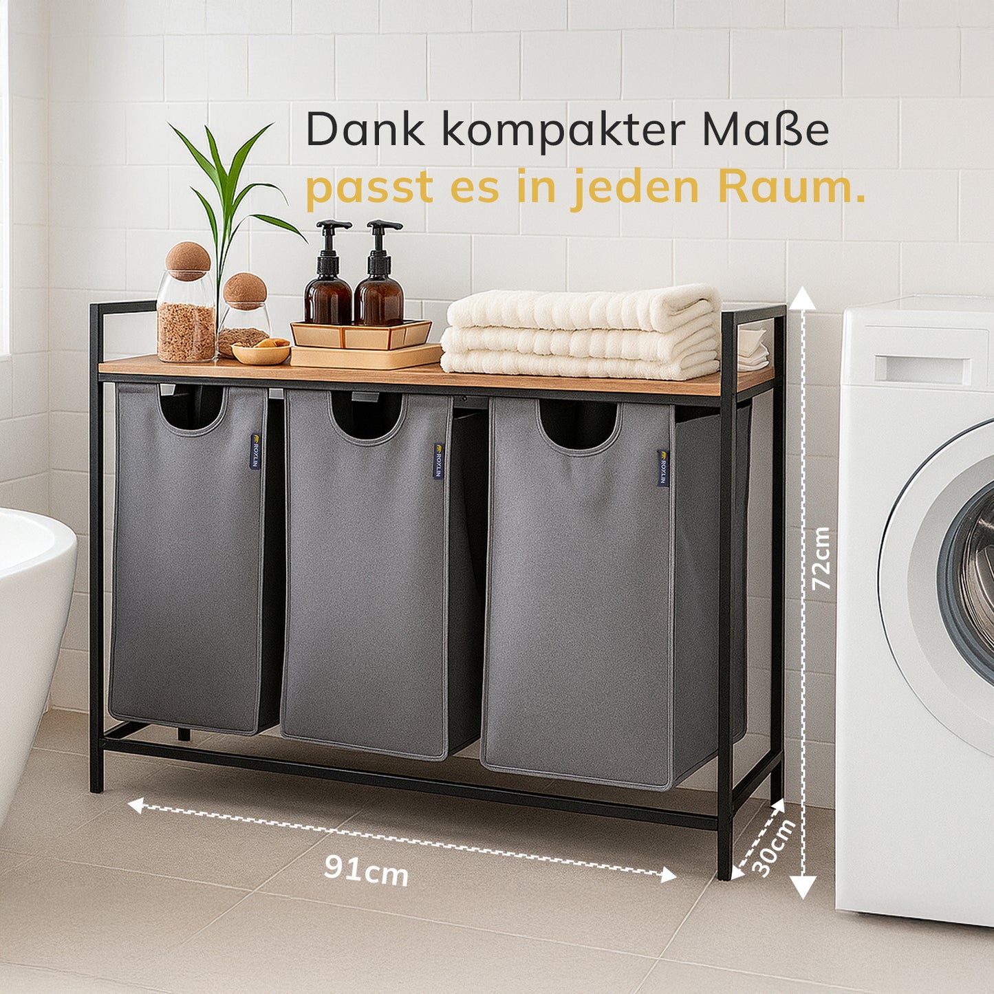 Roxlin 3-Fach Wäschekorb mit Deckel – Wäschesortierer mit Ablage & Taschen