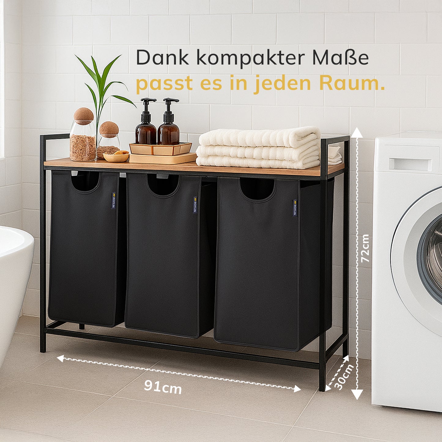 Roxlin 3-Fach Wäschekorb mit Deckel – Wäschesortierer Bambus & Metallrahmen