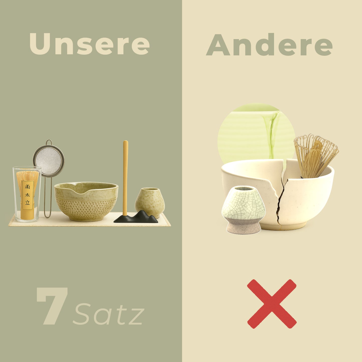 Roxlin Matcha Set 7-teilig – Keramik, Bambus Schneebesen, Schale & Zubehör