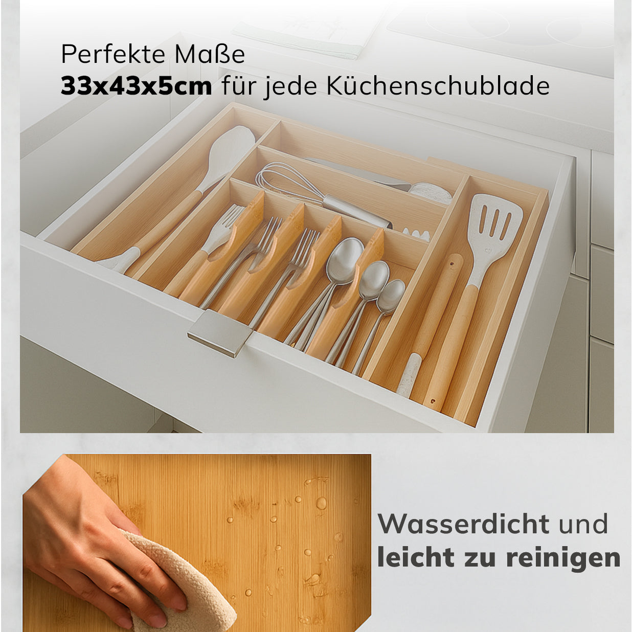 Größenverstellbarer Bambus Besteckkasten – Ausziehbarer Organizer 7–9 Fächer