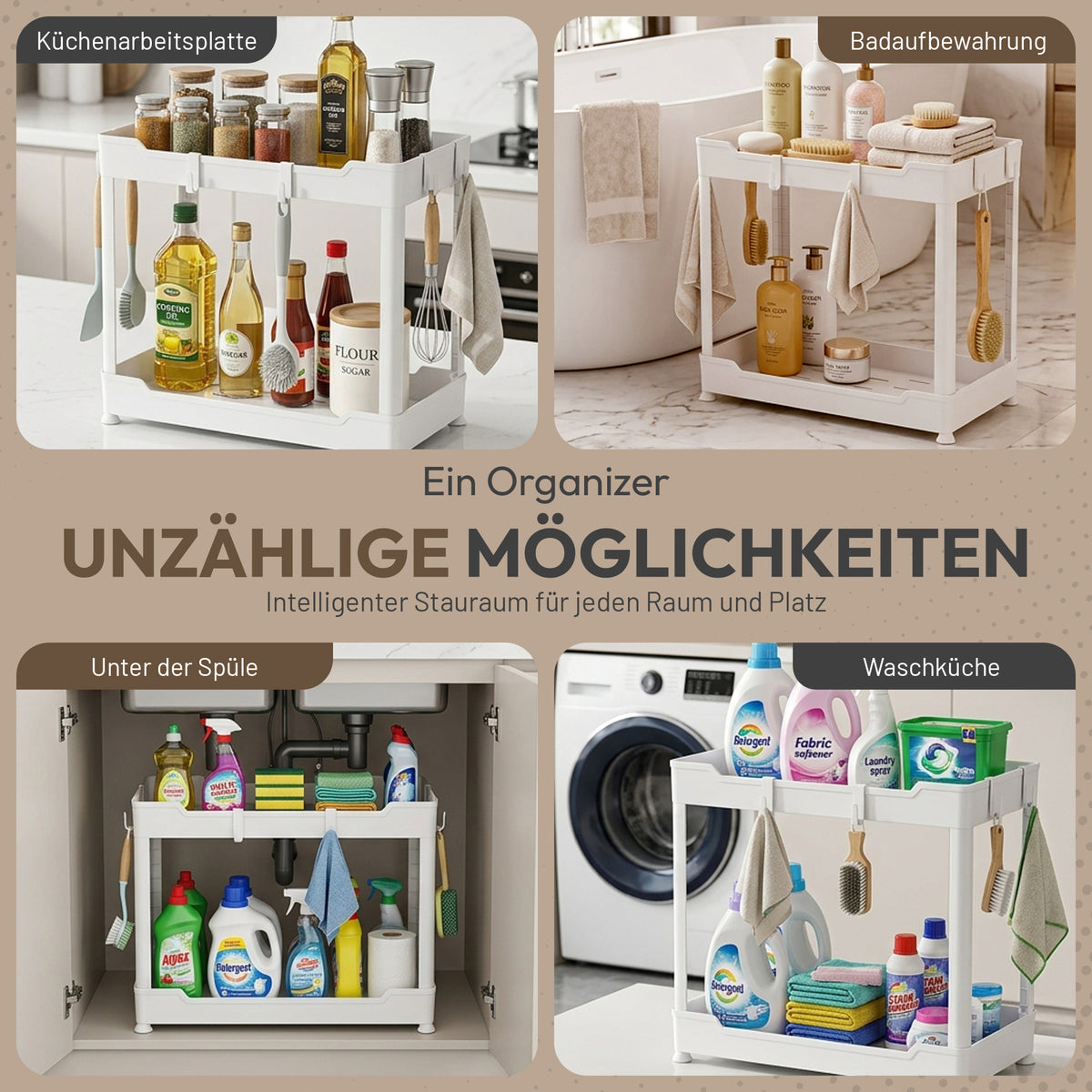 Roxlin 2-Etagen Aufbewahrungsregal mit 4 Haken – Küche & Bad Organizer