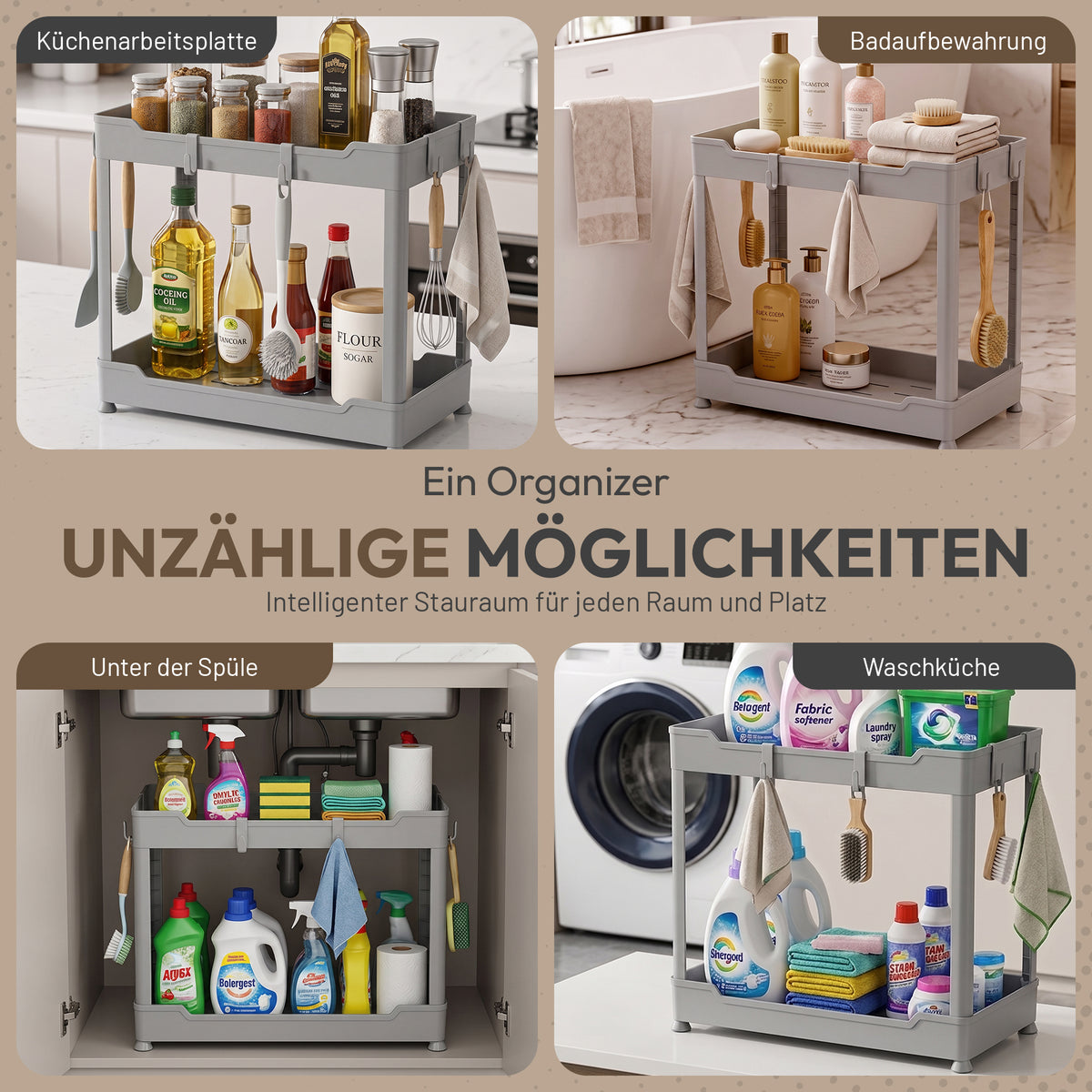Roxlin 2-Etagen Aufbewahrungsregal mit 4 Haken – Küche & Bad Organizer