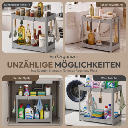 Roxlin 2-Etagen Aufbewahrungsregal mit 4 Haken – Küche & Bad Organizer