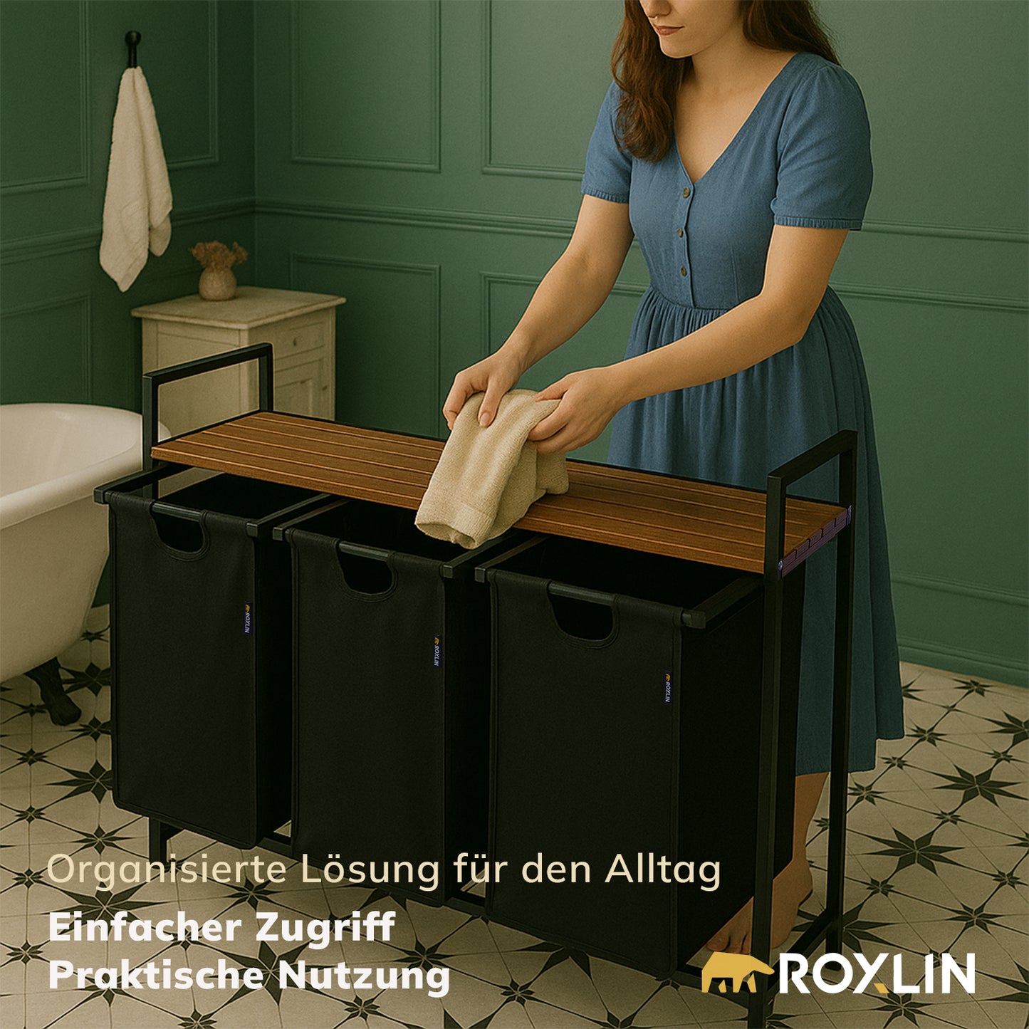 Roxlin 3-Fach Wäschekorb mit Deckel – Wäschesortierer Bambus & Metallrahmen