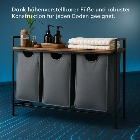 Roxlin 3-Fach Wäschekorb mit Deckel – Wäschesortierer mit Ablage & Taschen