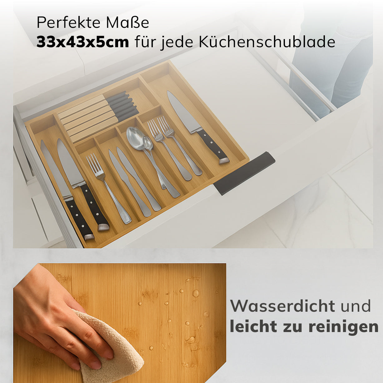 Bambus Besteckkasten mit Messerhalter – Verstellbarer Schubladen Organizer