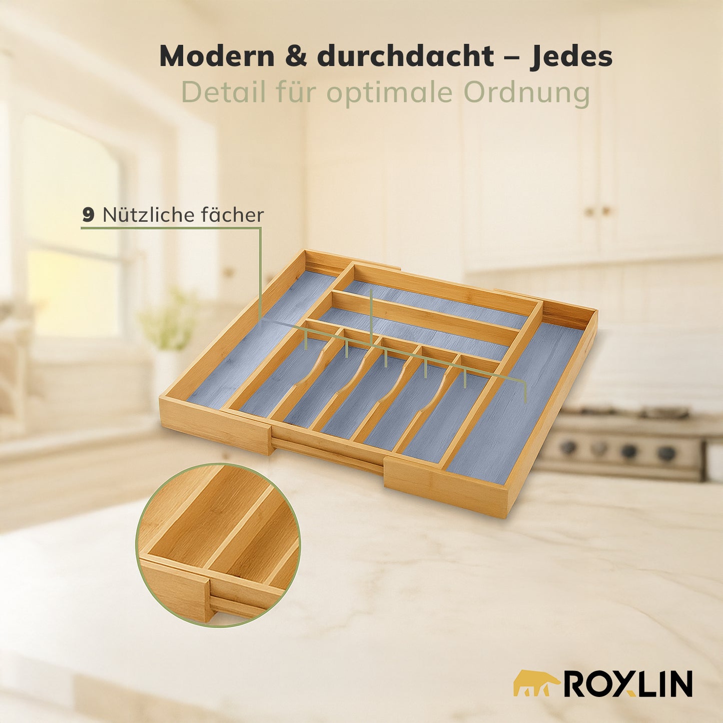Größenverstellbarer Bambus Besteckkasten – Ausziehbarer Organizer 7–9 Fächer