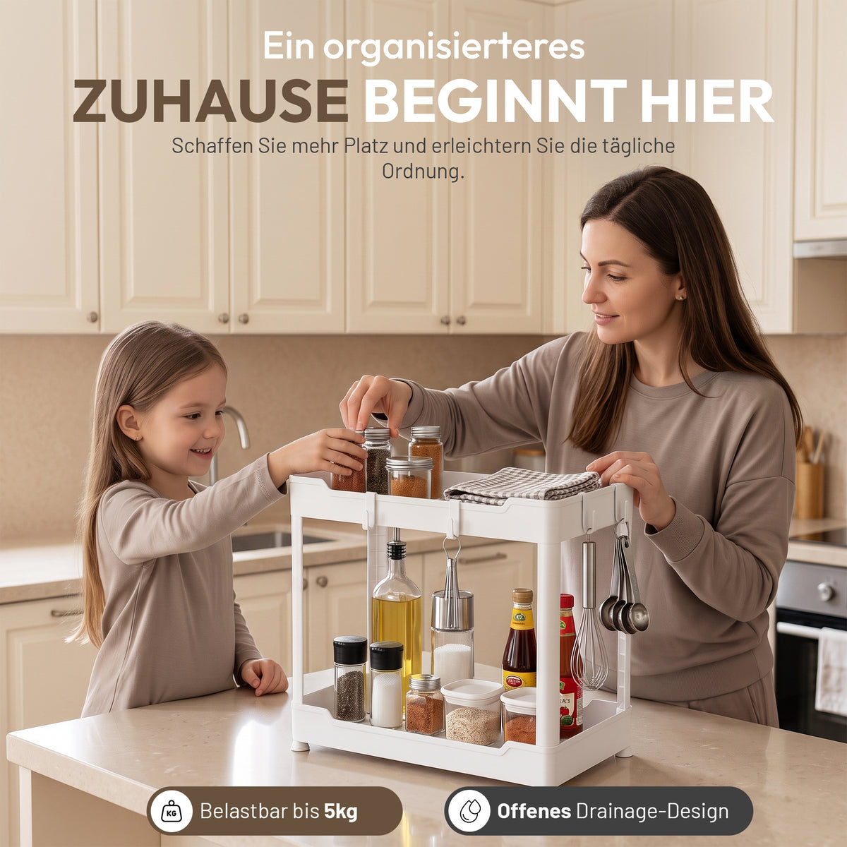 Roxlin 2-Etagen Aufbewahrungsregal mit 4 Haken – Küche & Bad Organizer