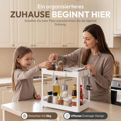 Roxlin 2-Etagen Aufbewahrungsregal mit 4 Haken – Küche & Bad Organizer