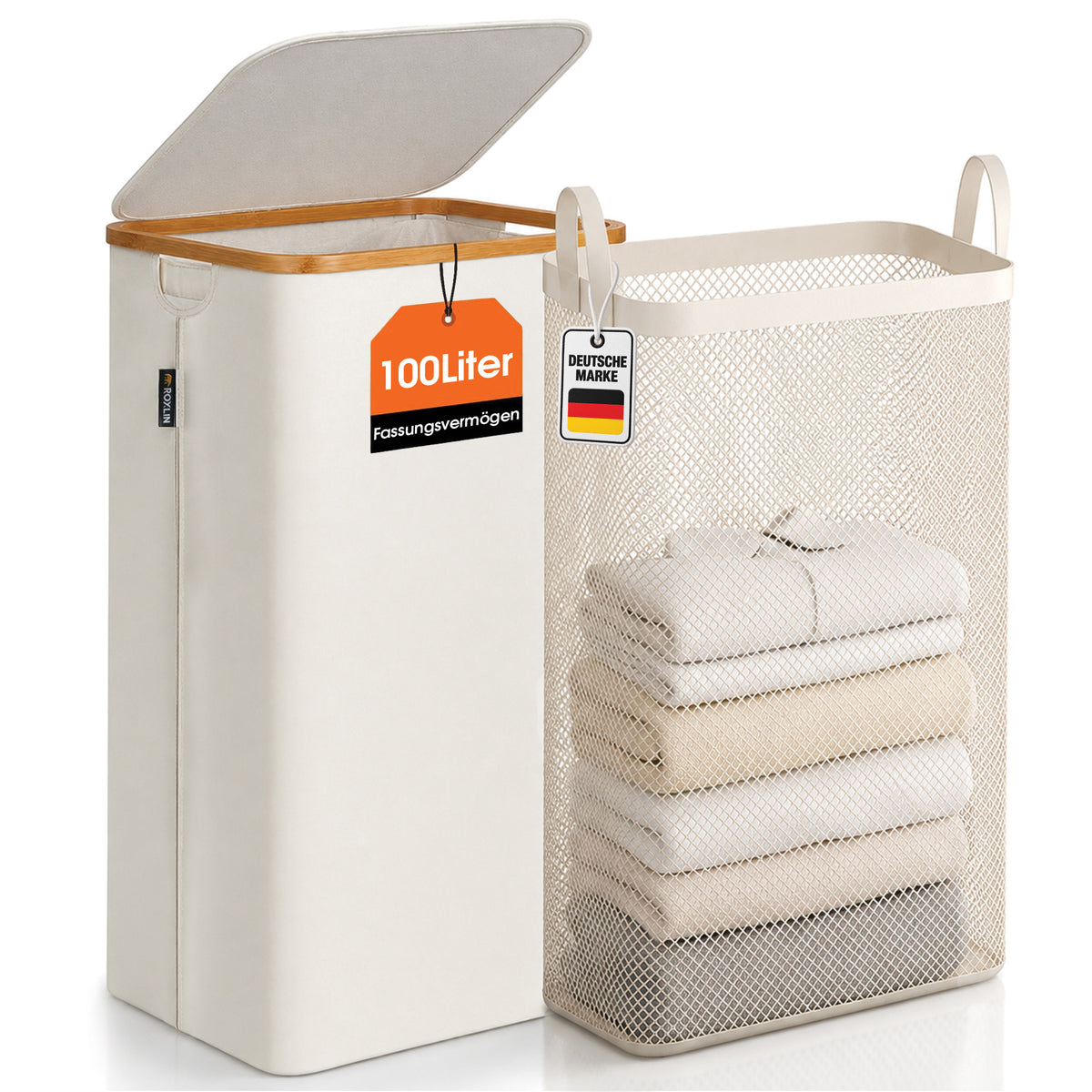 Roxlin Wäschekorb 100L mit Deckel – Faltbar & Tasche – Bambusrahmen stabil