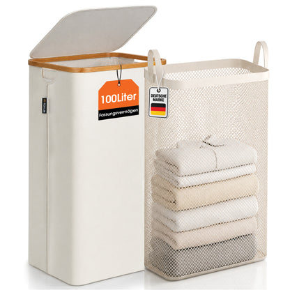 Roxlin Wäschekorb 100L mit Deckel – Faltbar & Tasche – Bambusrahmen stabil