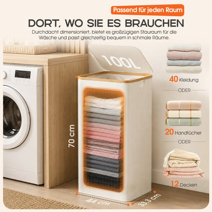 Roxlin Wäschekorb 100L mit Deckel – Faltbar & Tasche – Bambusrahmen stabil