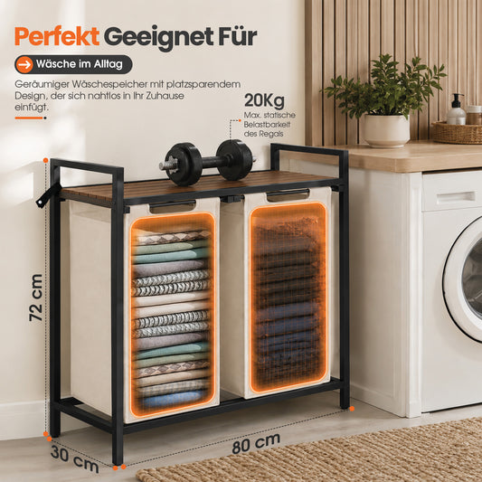 Roxlin Wäschekorb mit 2 Fächern – Herausnehmbare Wäschesäcke – Metallrahmen – Creme