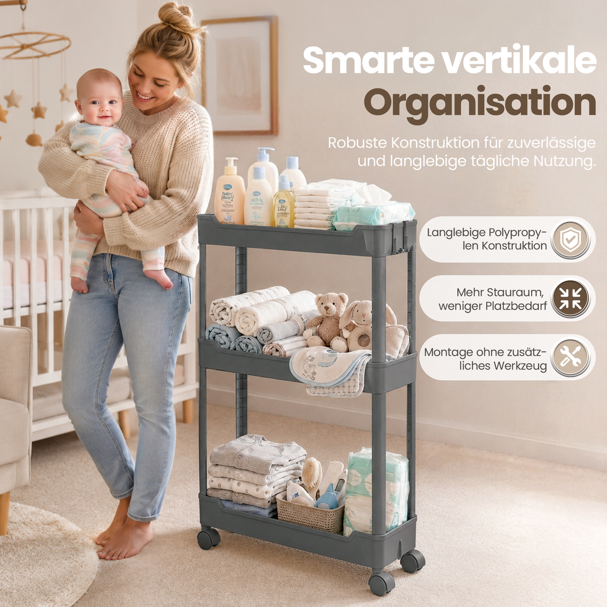 Roxlin 3 & 4 Etagen Slim Rollwagen mit 4 Haken – Schmaler Organizer