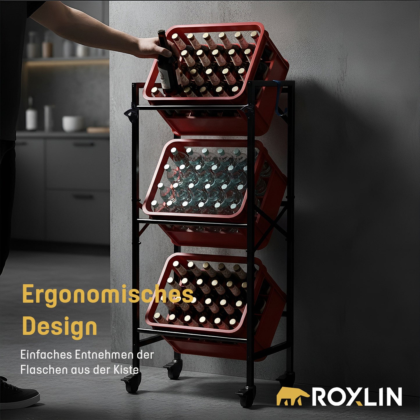 Roxlin Getränkekistenregal 3-fach – Metallregal für Bier- & Wasserkisten 450kg