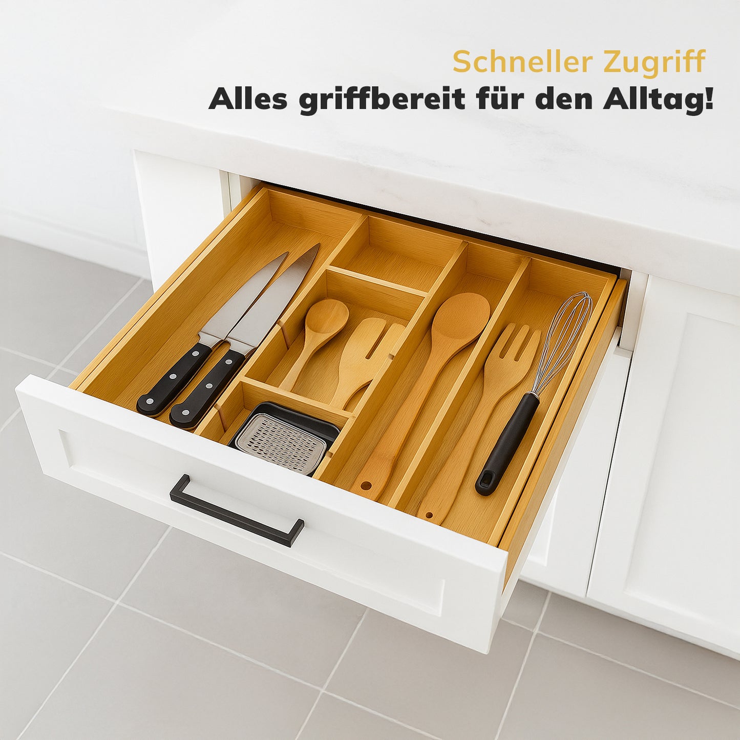 Größenverstellbarer Bambus Besteckkasten – Ausziehbarer Schubladen Organizer