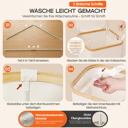 Roxlin Wäschekorb 100L mit Deckel – Faltbar & Tasche – Bambusrahmen stabil