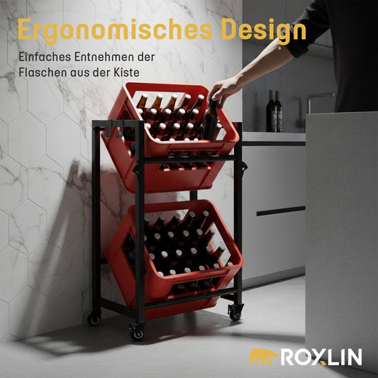 Roxlin Getränkekistenregal für 2 Kisten – Metallregal mit Rollen & Haken