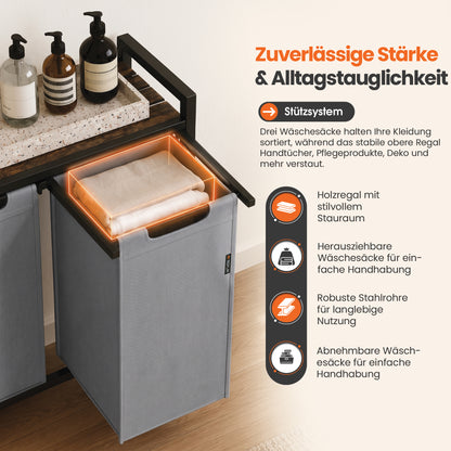 Roxlin 3-Fach Wäschekorb mit Deckel – Wäschesortierer mit Ablage & Taschen