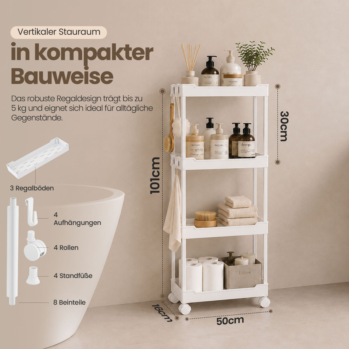 Roxlin 3 & 4 Etagen Slim Rollwagen mit 4 Haken – Schmaler Organizer