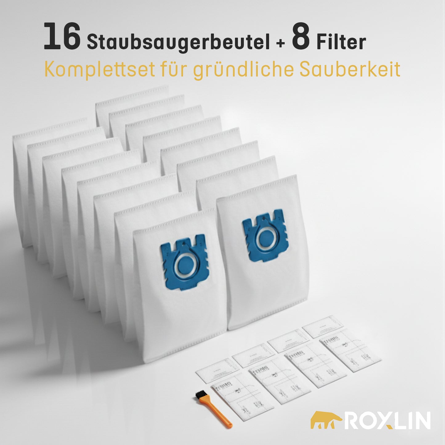 Roxlin Staubsaugerbeutel Set 16x GN + 8 Filter | kompatibel mit Miele Serie (S400, S5000, C1, C2, C3 u.v.m.)