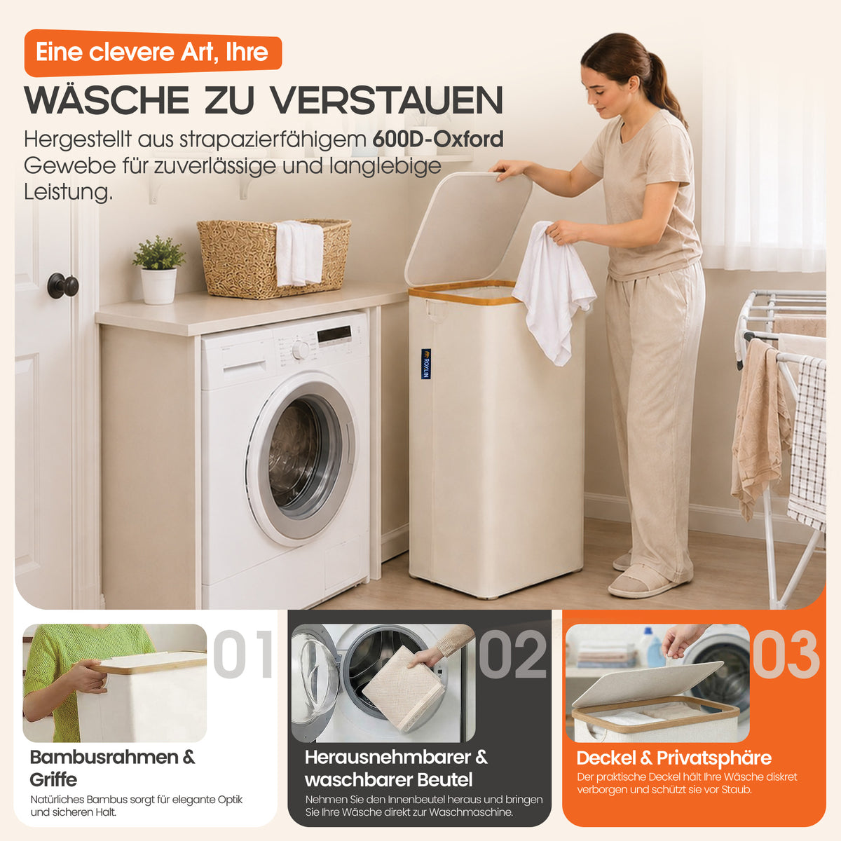 Roxlin Wäschekorb 100L mit Deckel – Faltbar & Tasche – Bambusrahmen stabil