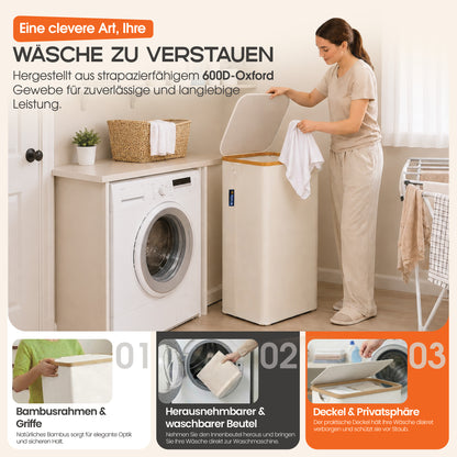 Roxlin Wäschekorb 100L mit Deckel – Faltbar & Tasche – Bambusrahmen stabil