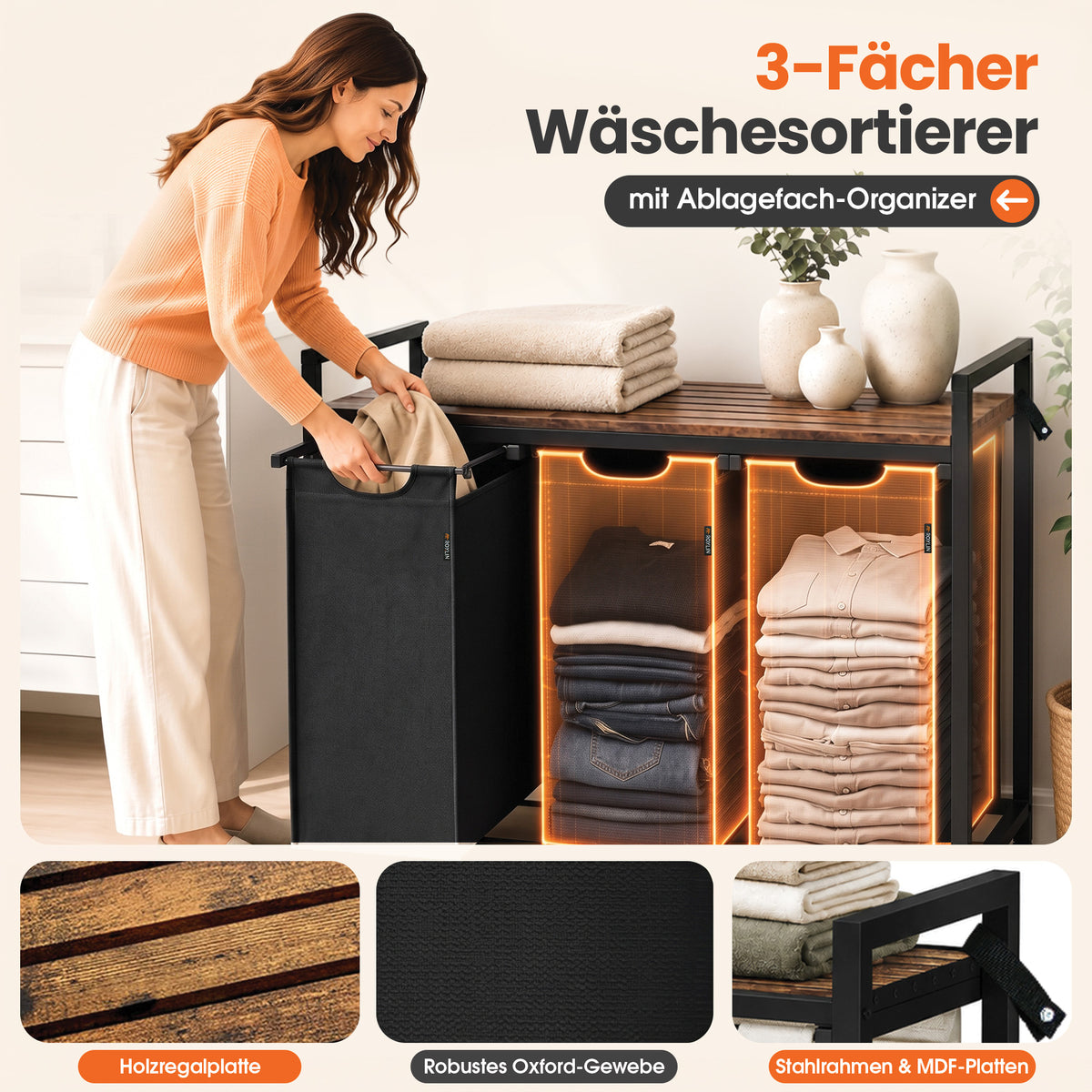 Roxlin Wäschekorb 1/2/3 Fach – Wäschesammler mit Ablage & Metallgestell