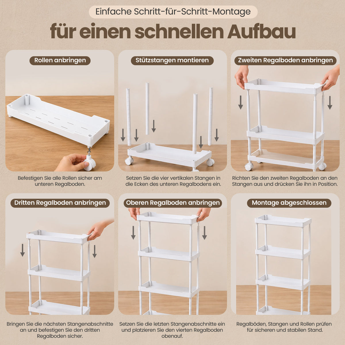 Roxlin 3 & 4 Etagen Slim Rollwagen mit 4 Haken – Schmaler Organizer