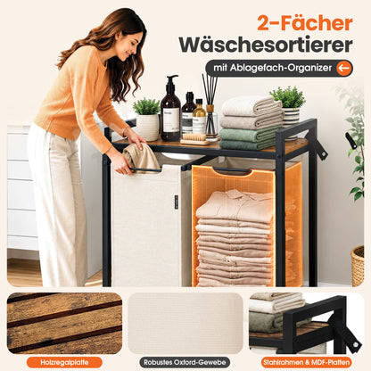 Roxlin Wäschekorb mit 2 Fächern – Herausnehmbare Wäschesäcke – Metallrahmen – Creme