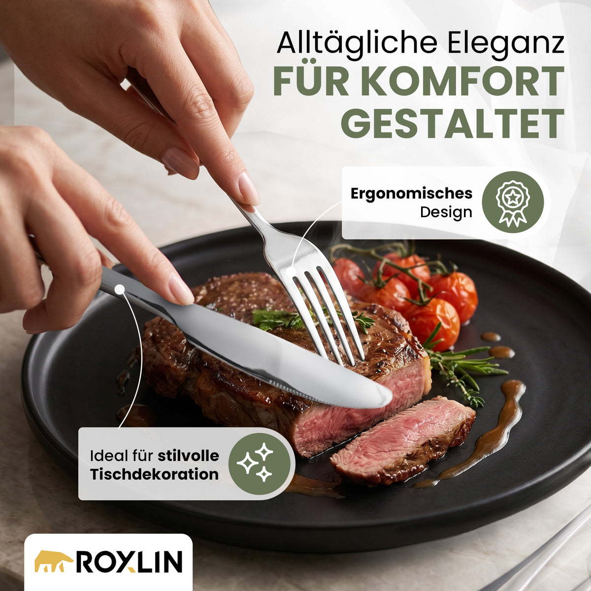 Roxlin Besteckset 30-tlg. Plain Design – Gold, Schwarz, Silber