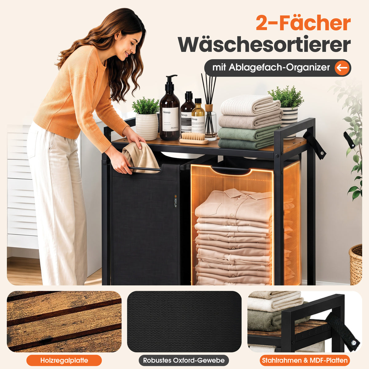 Roxlin Wäschekorb mit 2 Fächern – Herausnehmbare Wäschesäcke – Sortierer