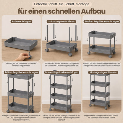 Roxlin 4-Etagen Aufbewahrungsregal mit 4 Haken – Standfüße/Rollen