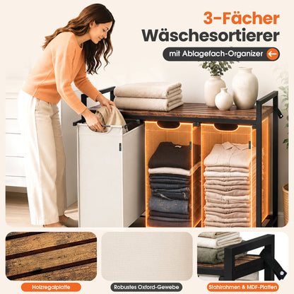Roxlin Wäschekorb 3 Fächer – Wäschesortierer mit herausnehmbaren Wäschesäcken & stabilem Metallrahmen – Creme