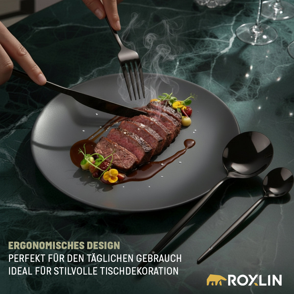 Roxlin Besteckset 30-tlg. Standard Design – Gold, Schwarz, Rosa, Silber