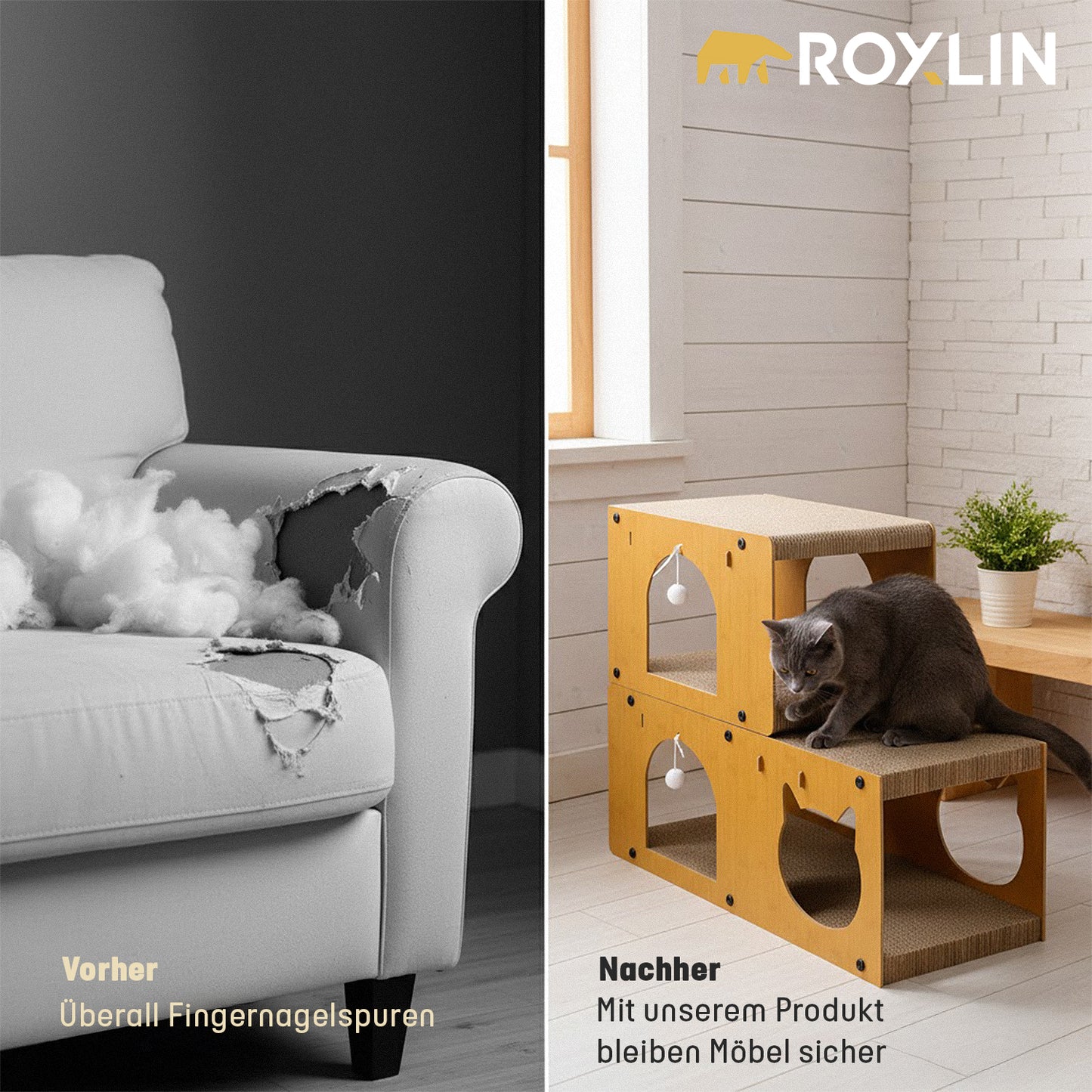 Roxlin Katzen Kratzmöbel TV-Modell – Kratzhaus & Kratzbrett Karton
